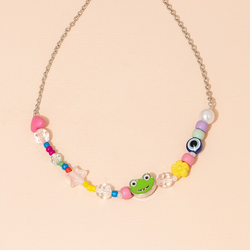 2021 Cute Heart Star Colorful Clavicle Chain Necklace For Women Girls Transparent Beaded Jewelry