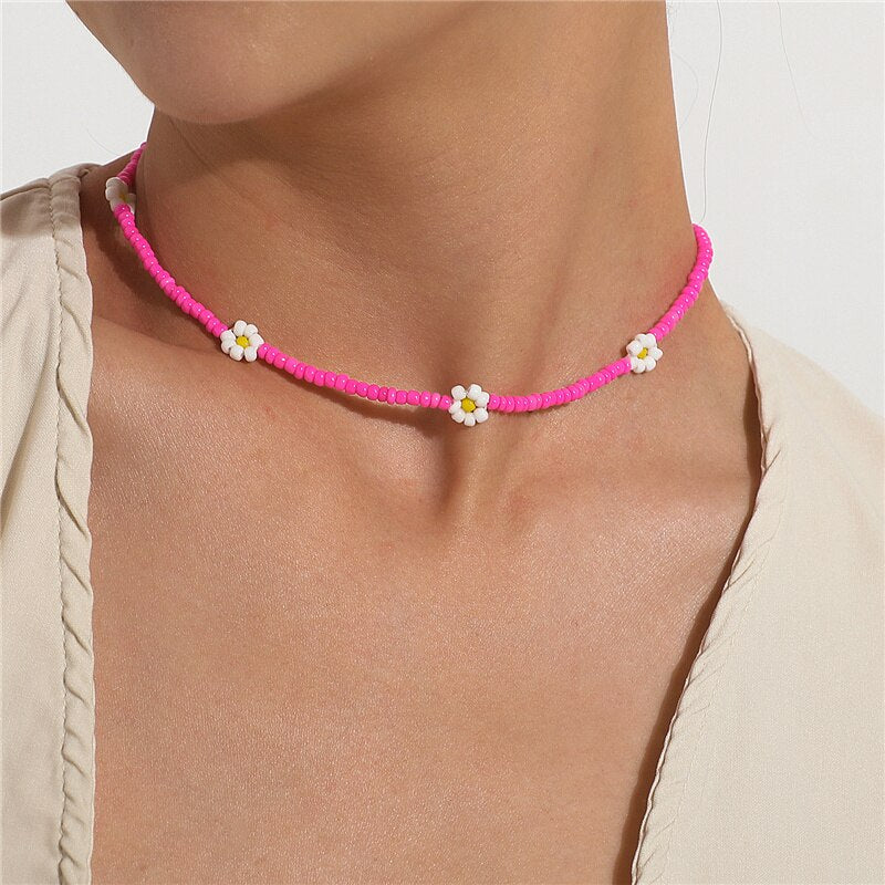 2021 Daisy Flower Colorful Beads Clavicle Choker Necklace for Women Girls Spring Summer Jewelry