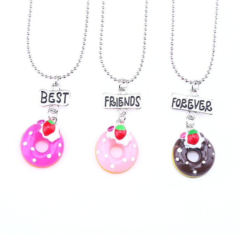 2022 Design Cartoon Food Doughnut Pendant Necklace 3Pcs BFF Friend Necklace Children's Birthday Friendship Gift Jewelry