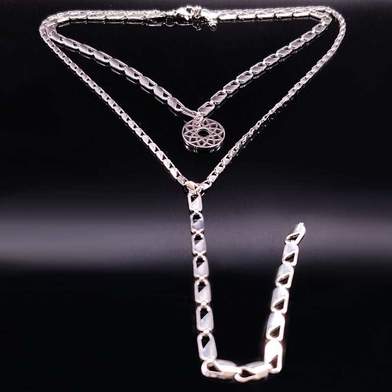 2022 Double Layer Mandala Stainless Steel Necklaces Women Jewelry Silver Color Choker Necklaces Jewelry Gift joyas N9103S02