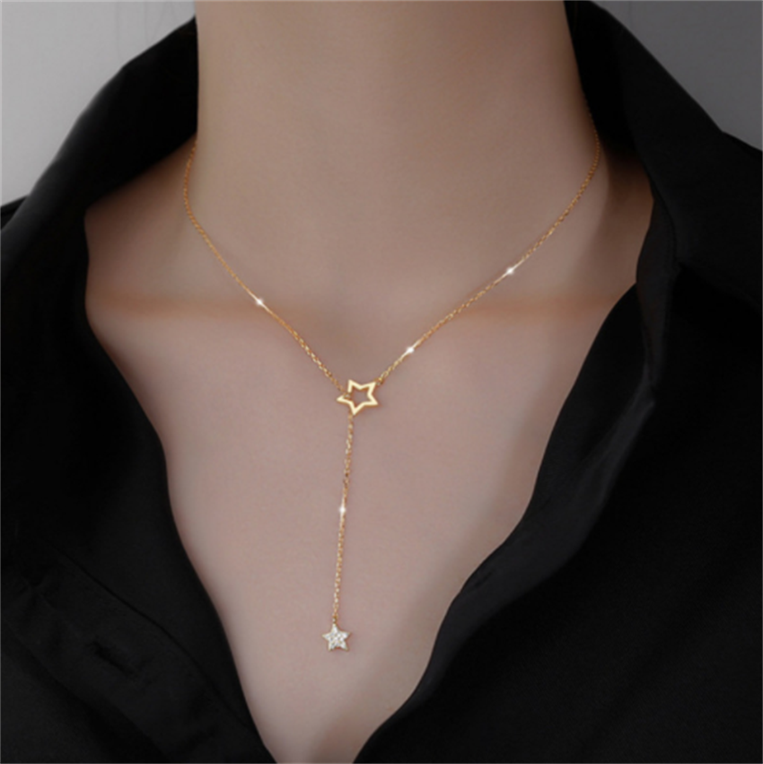 2021 Gold / Silver Flash Diamond Star Necklace Women's Tassel Clavicle Chain Simple Personality Girl Jewelry Gift