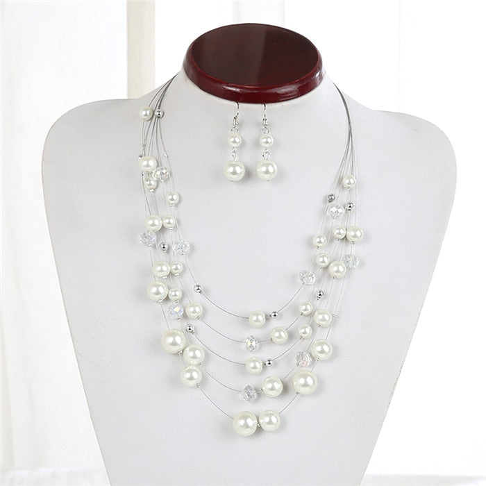 2021 Jewelry Silver Color Multilayer Chain Imitation Pearls Necklaces For Women Wedding Bride Necklace