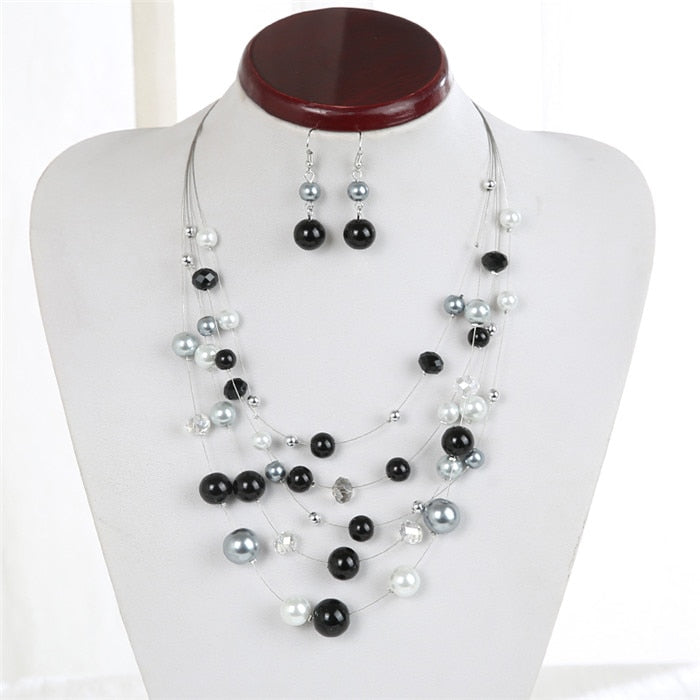2021 Jewelry Silver Color Multilayer Chain Imitation Pearls Necklaces For Women Wedding Bride Necklace