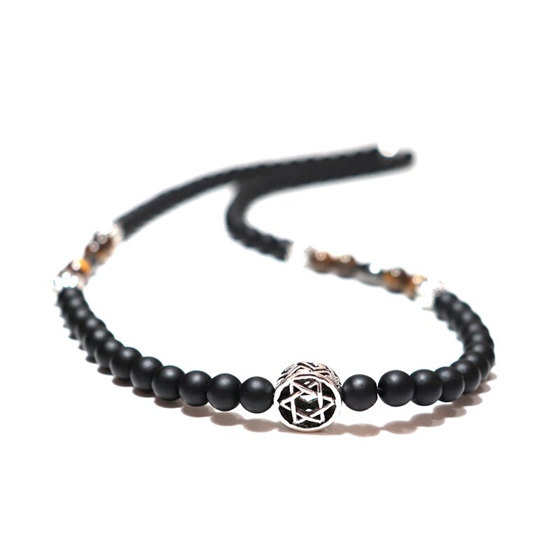 2021 Men Necklace Natural Black Stone Necklace Hombre Vintage Six Star Choker Necklace Tiger Eye Beads Necklace Gift