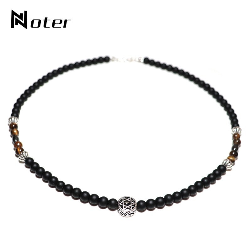 2021 Men Necklace Natural Black Stone Necklace Hombre Vintage Six Star Choker Necklace Tiger Eye Beads Necklace Gift