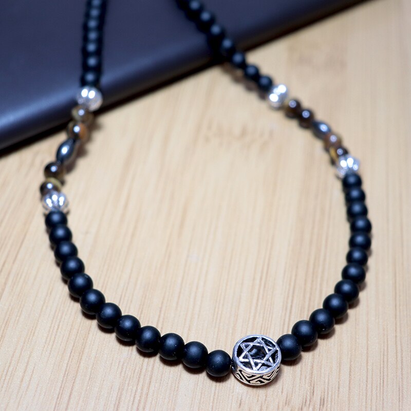 2021 Men Necklace Natural Black Stone Necklace Hombre Vintage Six Star Choker Necklace Tiger Eye Beads Necklace Gift