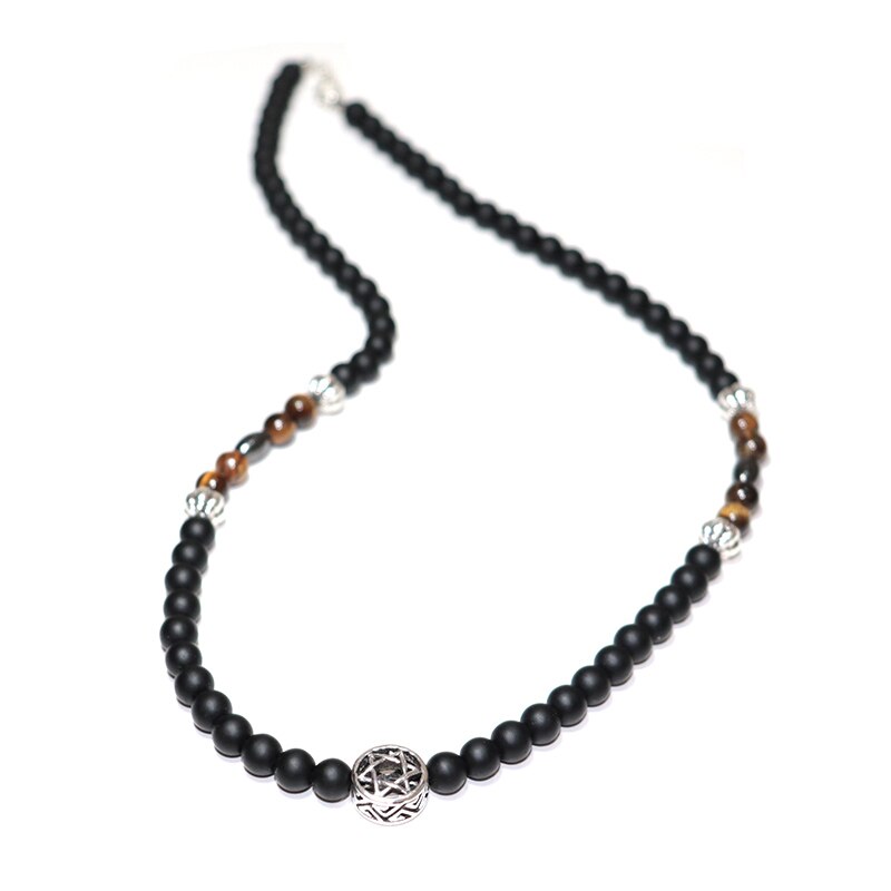 2021 Men Necklace Natural Black Stone Necklace Hombre Vintage Six Star Choker Necklace Tiger Eye Beads Necklace Gift