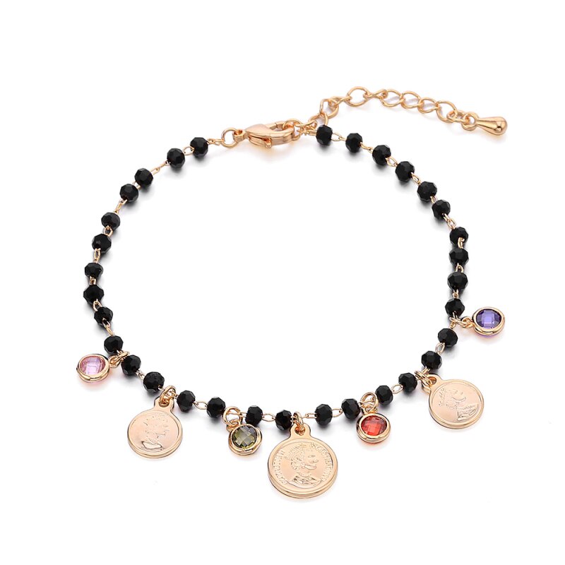 2022 Queen Coin Charms Bracelet For Women Black Crystal Beads Silverly Rose Gold Engagement Jewelry Accessories