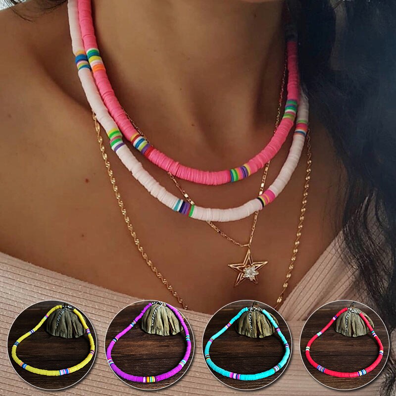 2021 Soft Pottery Choker Necklace For Women Bohemian Adjustable Rainbow Polymer Clay Collar Necklace Gift
