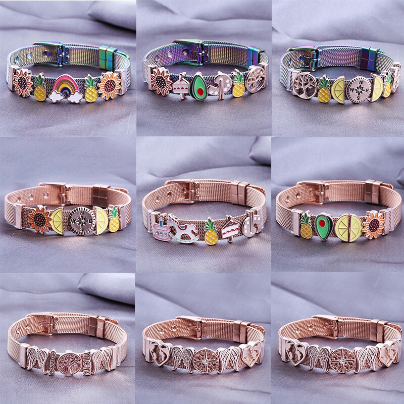 2022 Feather Sunflower Avocado Slide Charm Bracelet With Fruit Beads Stainless Steel Mesh Bracelet Bangle For Women Men Gift