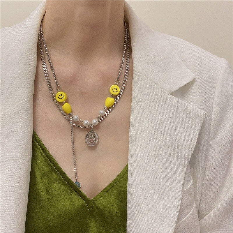 2021 Hiphop Yellow Smiley Heart Silver Color Hollow Pendant Double Layer   Link Chain Pearl Necklace Jewelry