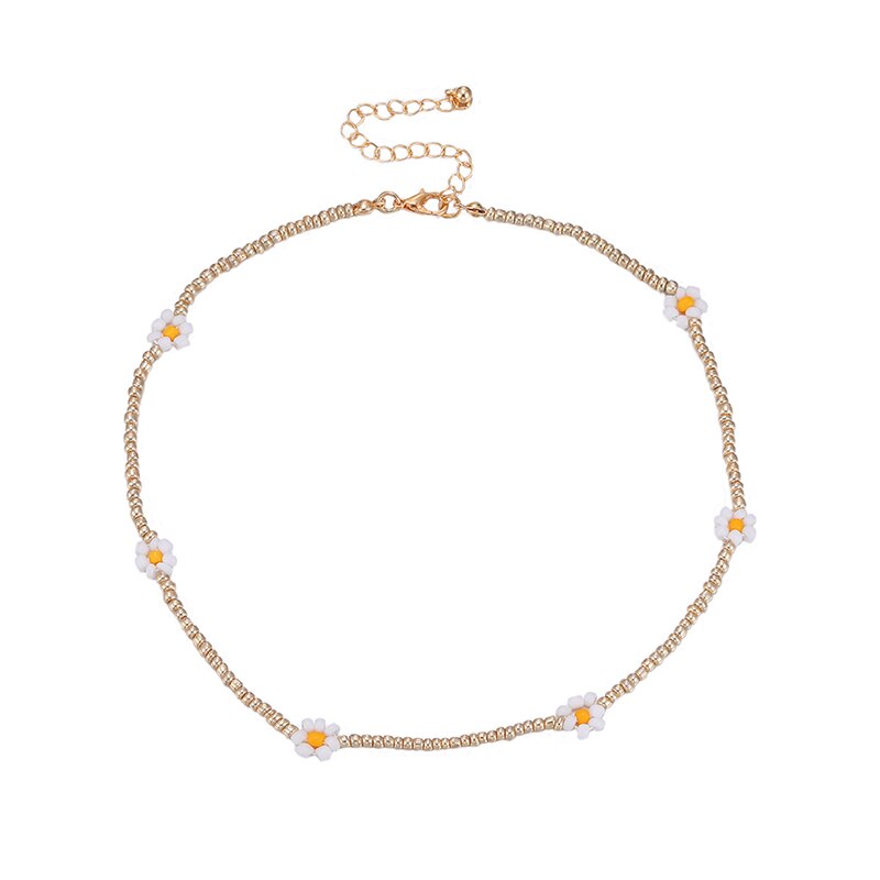 2021  Korea Lovely Daisy Flowers Colorful Beaded Boho Statement Short Choker Necklace for Women Vacation Jewelry