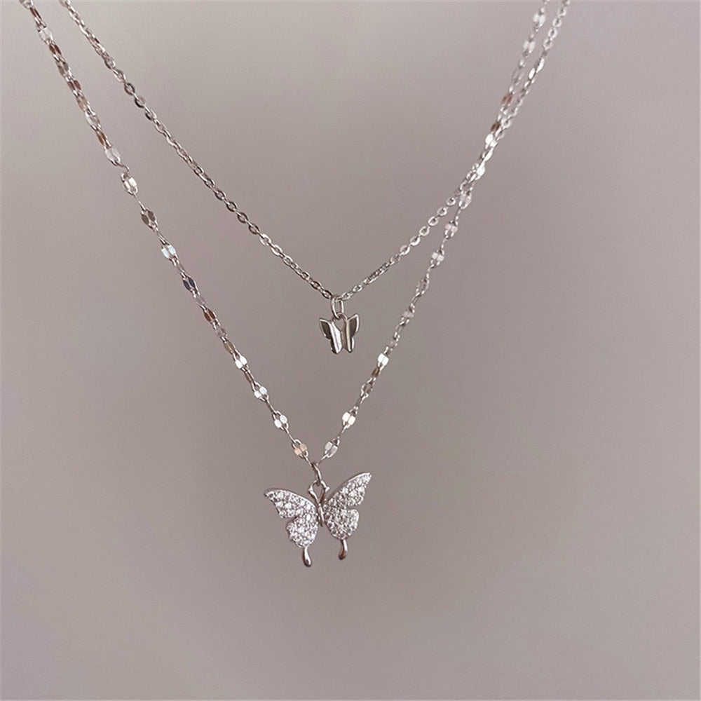 2022 Korean Silver Plated Shiny Butterfly Necklace Lady Exquisite Double Layer Clavicle Chain Necklace Jewelry Gifts