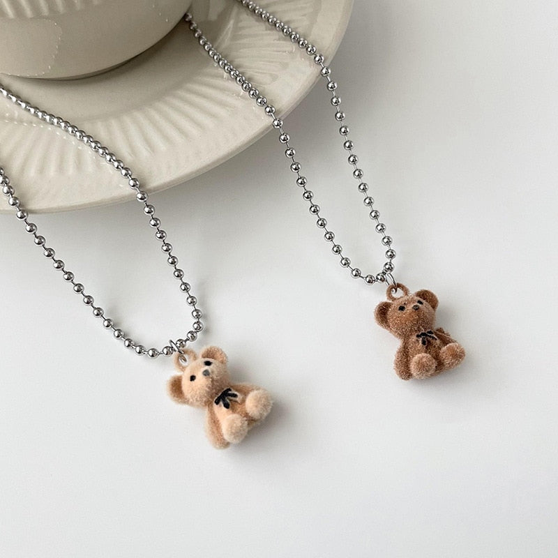 2022 Korean Kawaii Funny Plush Bear Pendant Necklac Cute Cartoon Bowknot Bear Statement Necklace for Women Jewelry
