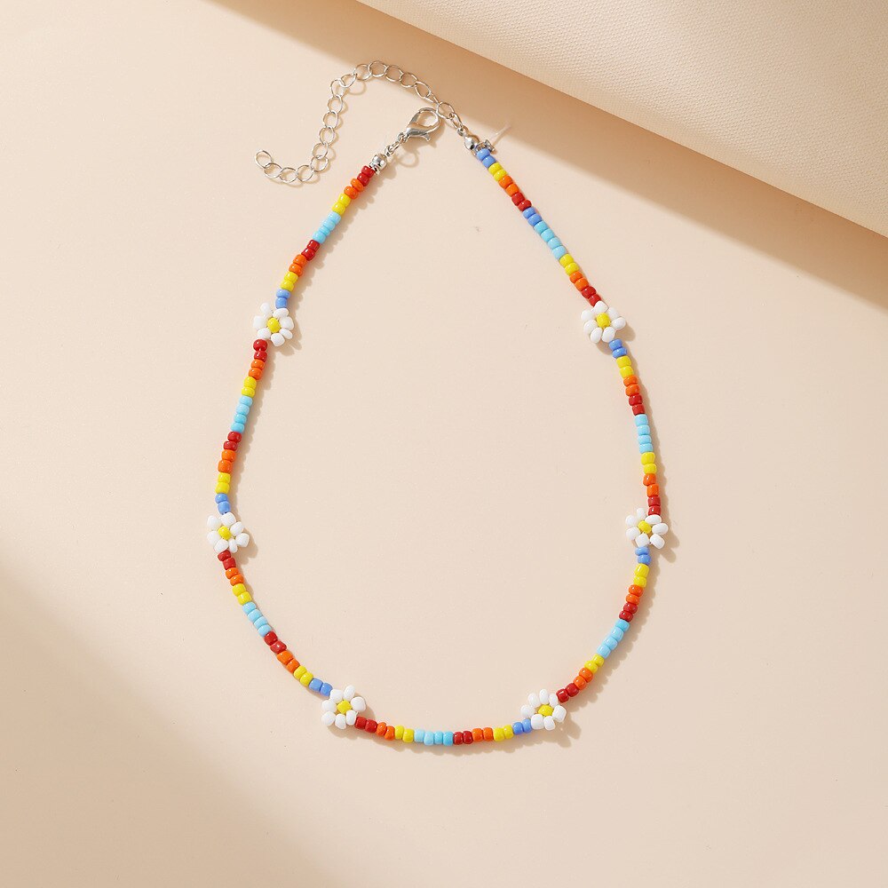 2021 Korean Sweet Colorful Little Daisy Acrylic Flowers Boho Beaded Clavicle Necklaces for Women Girls Jewelry