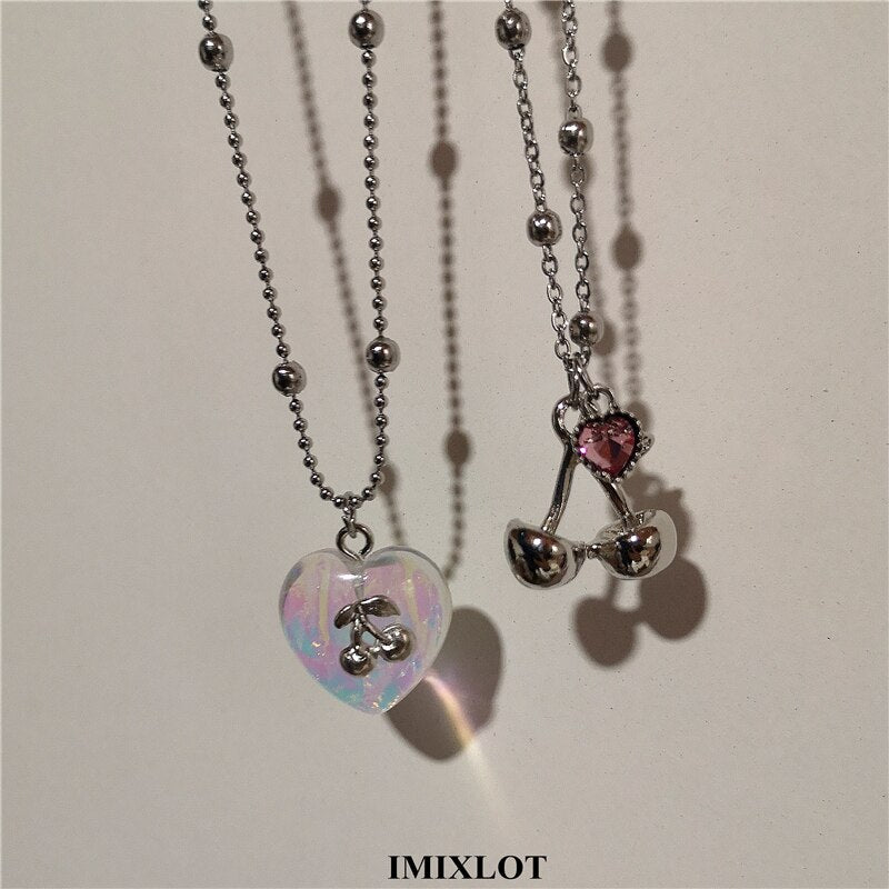 2022 Kpop Fairy Aesthetic Transparent Love Heart Cherry Pendant Bead Chain Necklace For Women Girl Friends Goth Jewelry Gift