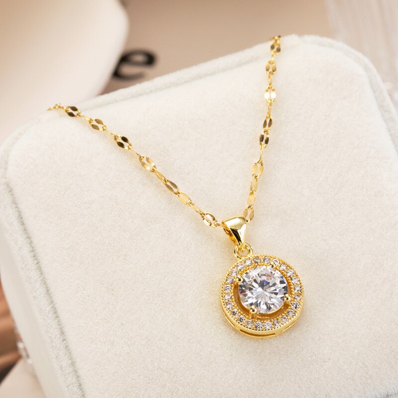 2021  Romantic Crystal Inlaid Round Zircon Pendant Women Necklace Ladies Stainless Steel Jewelry Female Clavicle Chain