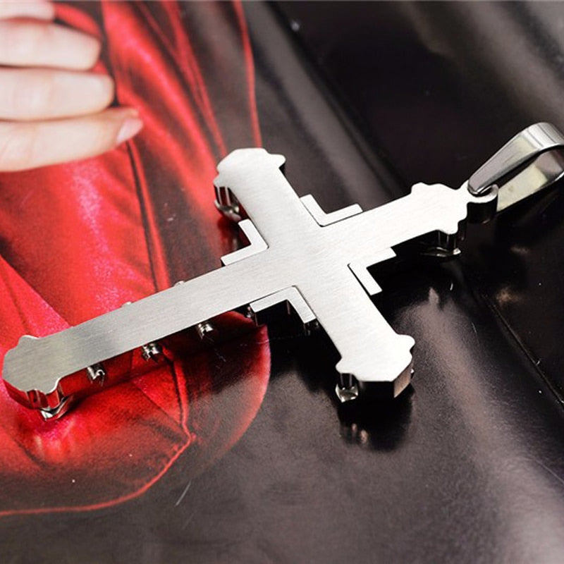 2022 Male Crystal Cross Jesus Pendant Gold/Black/Blue Color Zirconia Cross Pendant Necklace Stainless Steel Jewelry