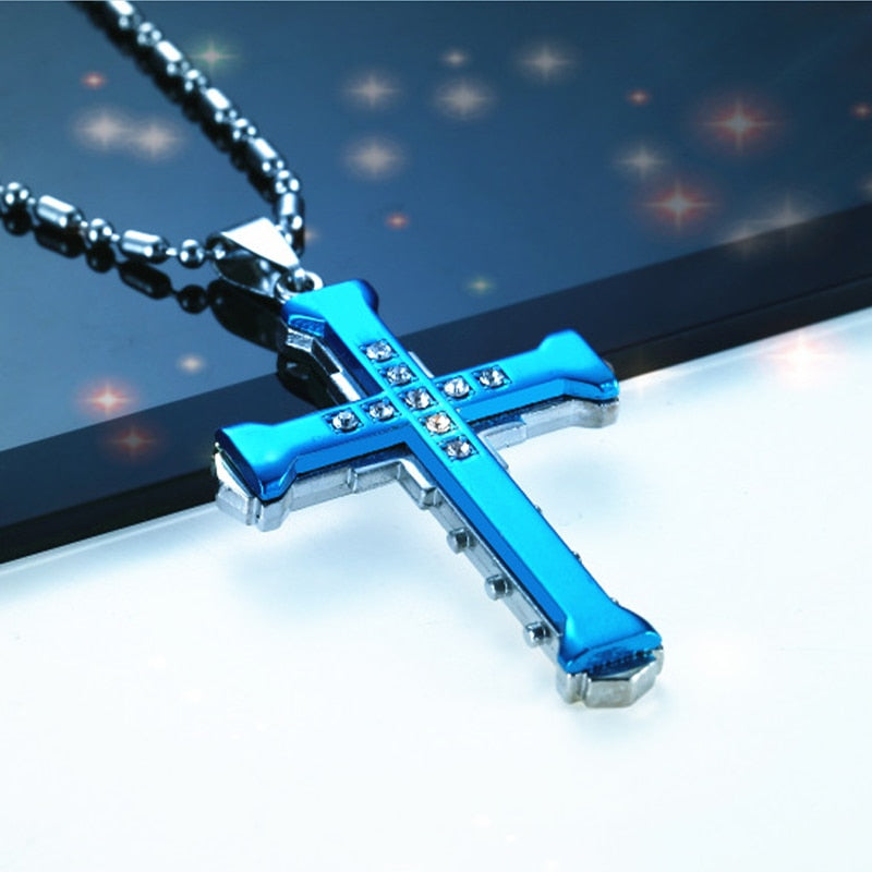 2022 Male Crystal Cross Jesus Pendant Gold/Black/Blue Color Zirconia Cross Pendant Necklace Stainless Steel Jewelry