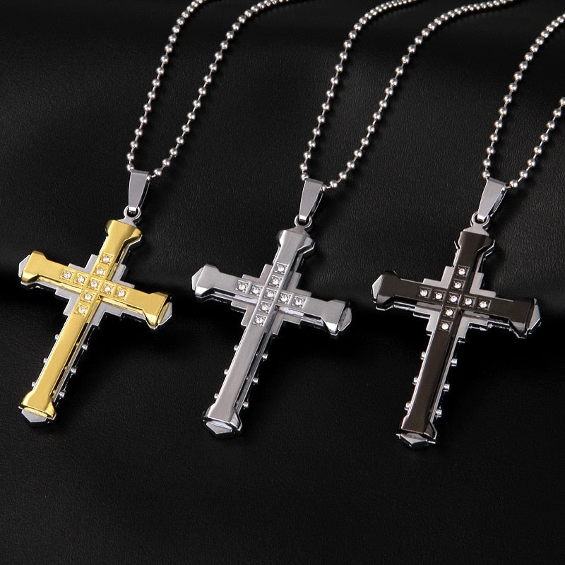 2022 Male Crystal Cross Jesus Pendant Gold/Black/Blue Color Zirconia Cross Pendant Necklace Stainless Steel Jewelry