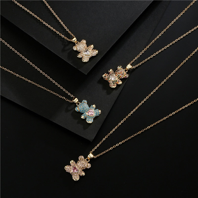 2021 Necklace Women Jewelry Bear Pendant Necklace 4 Colors Design Pave Setting Zircon Copper Collares Gold-chain