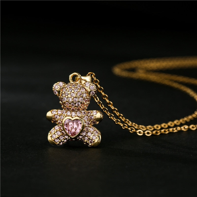 2021 Necklace Women Jewelry Bear Pendant Necklace 4 Colors Design Pave Setting Zircon Copper Collares Gold-chain