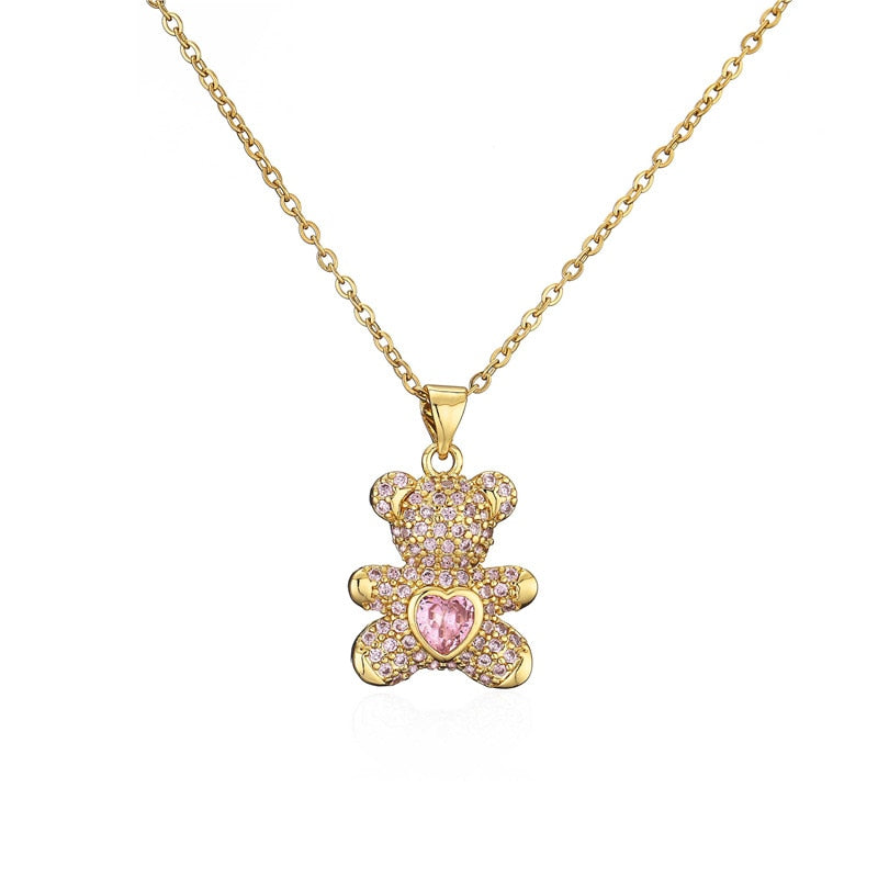 2021 Necklace Women Jewelry Bear Pendant Necklace 4 Colors Design Pave Setting Zircon Copper Collares Gold-chain