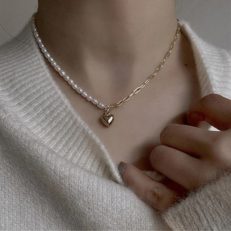 2021 Pearl Asymmetric Splicing Metal Clavicle Chain Shiny Love Pendant Necklace Double Beaded Necklace for Women  Jewelry