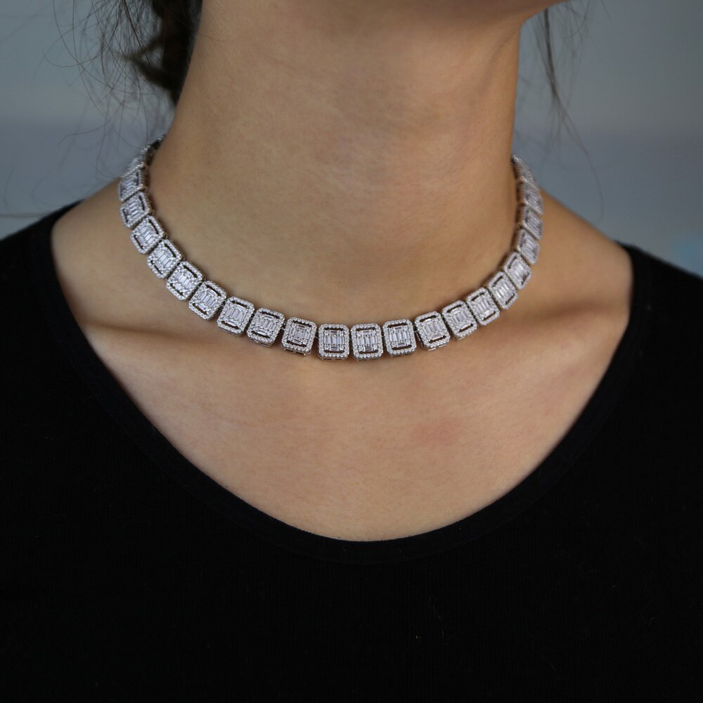 2021 Silver Color 11mm Square Cubic Zirconia Tennis Chain Necklace Iced Out AAA CZ Hiphop Choker  Jewelry For Women