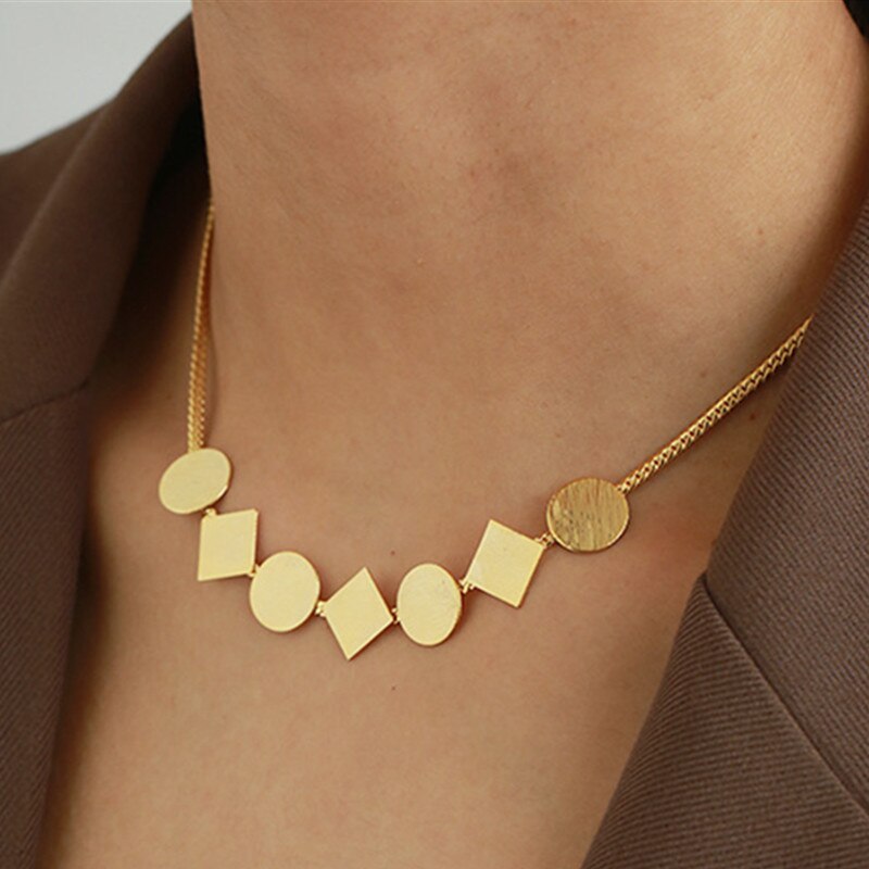 2021 Simple Fshion Geometric Square Round Pendant Gold Color Metal Necklace for Women Girls Chic Jewelry Accessories