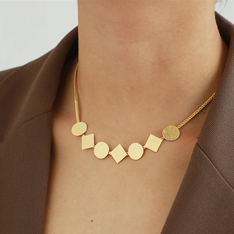 2021 Simple Fshion Geometric Square Round Pendant Gold Color Metal Necklace for Women Girls Chic Jewelry Accessories