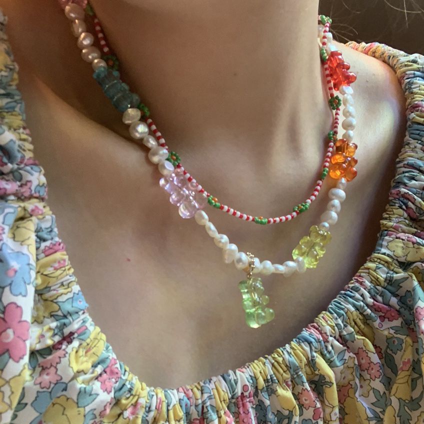 2021 Summer Candy Gummy Bear Pearl Beaded Necklace For Women Colorful Resin Bear Zircon Pendant DIY Choker Y2K Party Jewelry