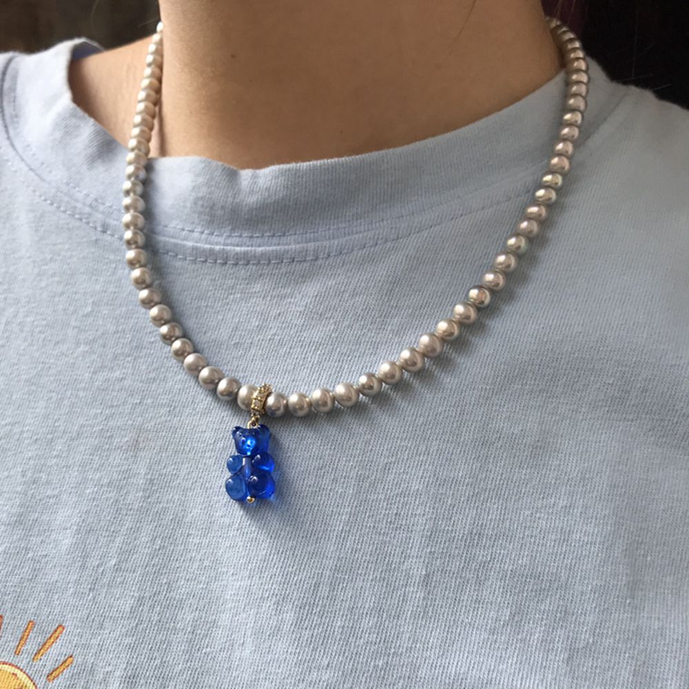 2021 Summer Candy Gummy Bear Pearl Beaded Necklace For Women Colorful Resin Bear Zircon Pendant DIY Choker Y2K Party Jewelry