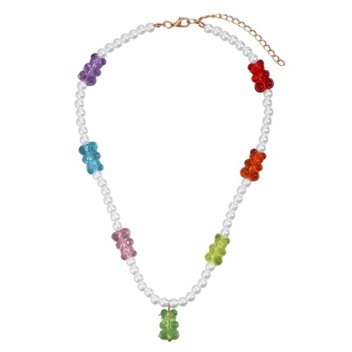 2021 Summer Candy Gummy Bear Pearl Beaded Necklace For Women Colorful Resin Bear Zircon Pendant DIY Choker Y2K Party Jewelry