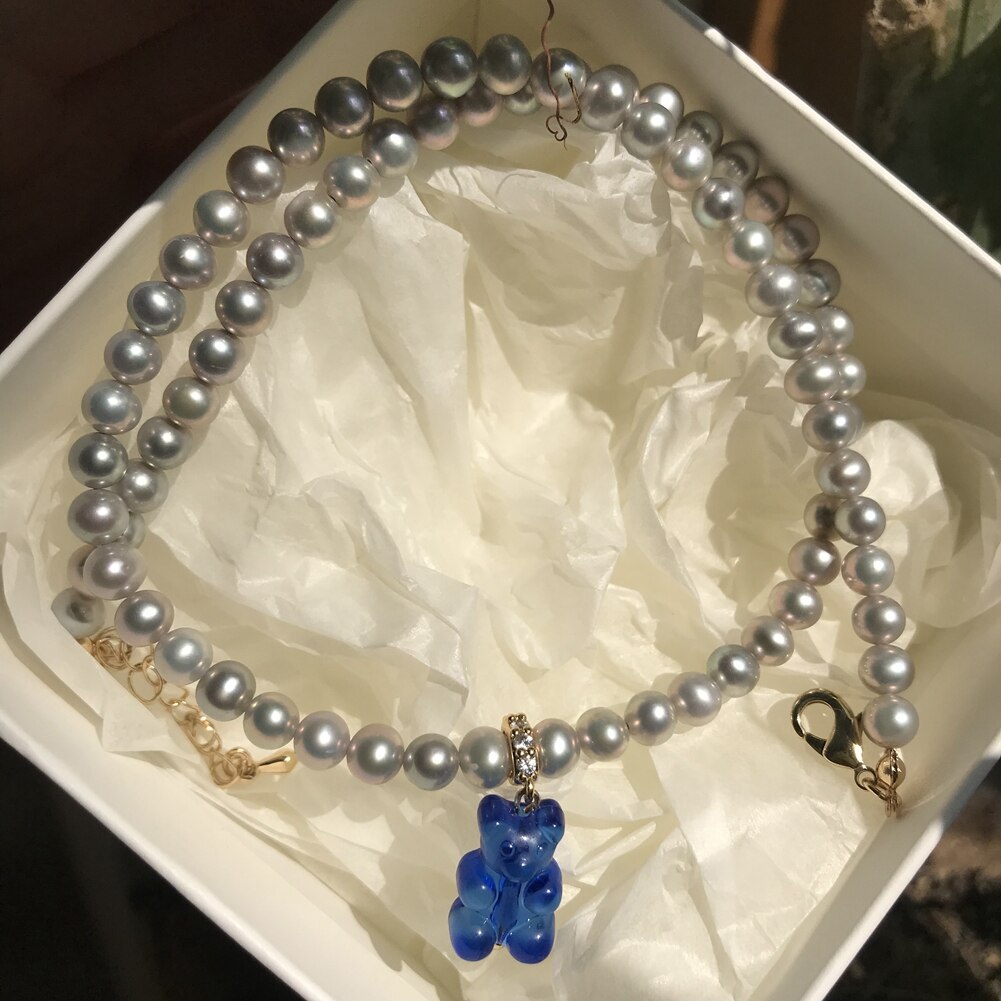 2021 Summer Candy Gummy Bear Pearl Beaded Necklace For Women Colorful Resin Bear Zircon Pendant DIY Choker Y2K Party Jewelry