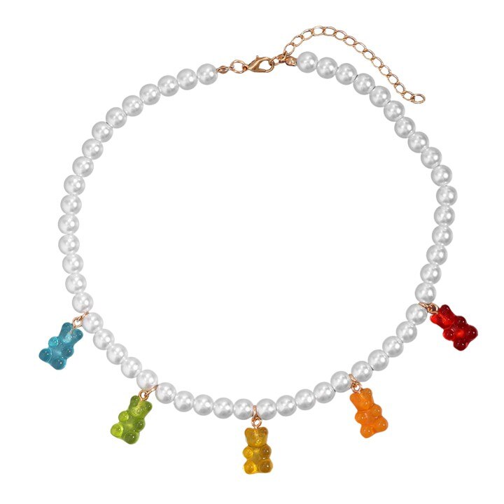 2021 Summer Candy Gummy Bear Pearl Beaded Necklace For Women Colorful Resin Bear Zircon Pendant DIY Choker Y2K Party Jewelry