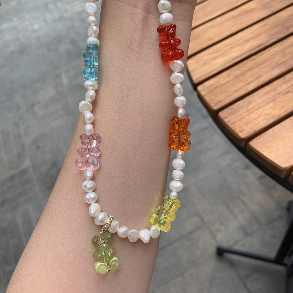2021 Summer Candy Gummy Bear Pearl Beaded Necklace For Women Colorful Resin Bear Zircon Pendant DIY Choker Y2K Party Jewelry