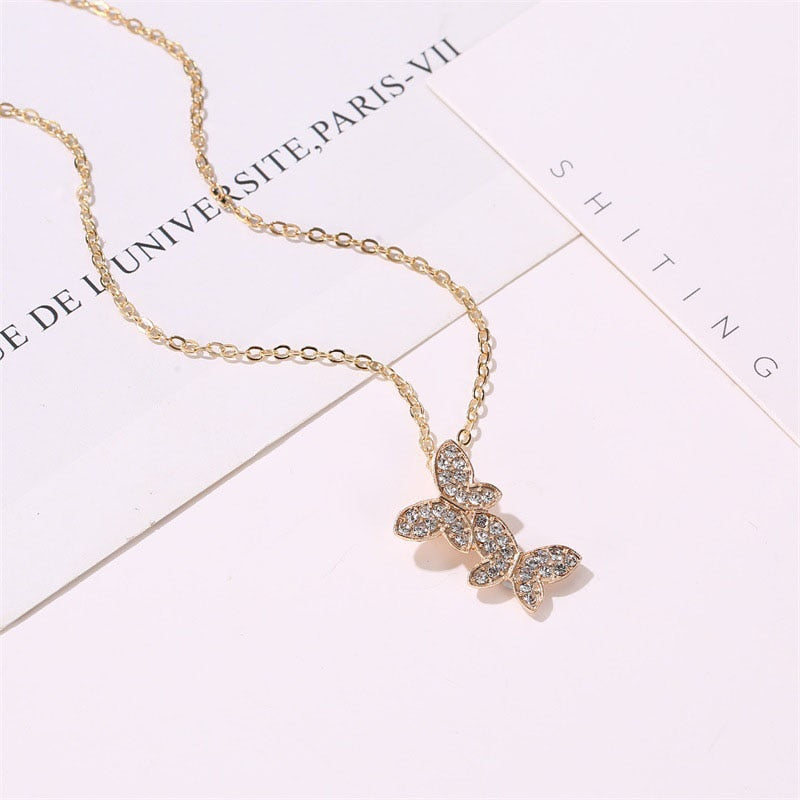 2022 Trendy Cute Small Animal Crystal Butterfly Pendant Necklace Women Silver Color Butterfly Choker Necklace Collar Chain