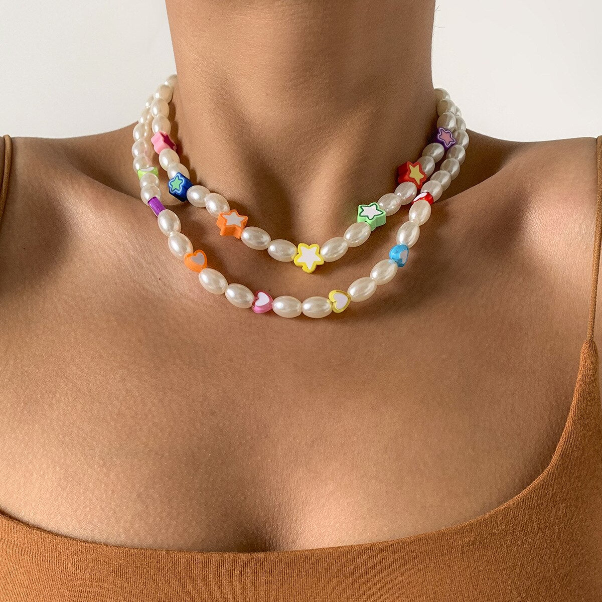 2021 Trendy Imitation Pearl Beaded Acrylic Colorful Star Heart Round Necklace for Women Girls Jewelry Accessories