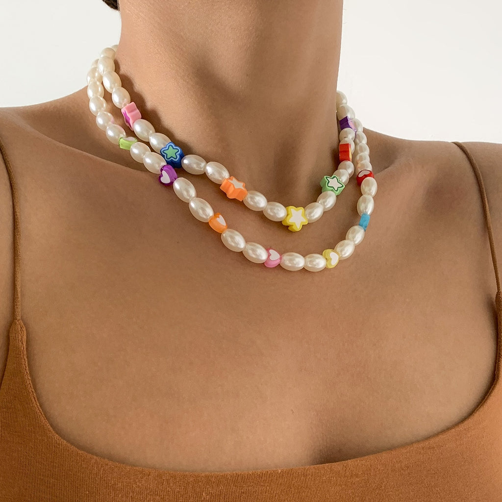 2021 Trendy Imitation Pearl Beaded Acrylic Colorful Star Heart Round Necklace for Women Girls Jewelry Accessories