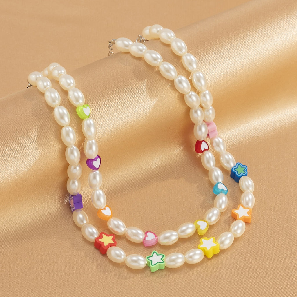 2021 Trendy Imitation Pearl Beaded Acrylic Colorful Star Heart Round Necklace for Women Girls Jewelry Accessories