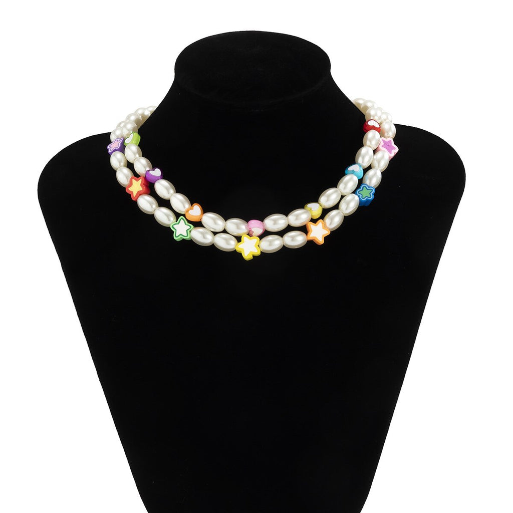 2021 Trendy Imitation Pearl Beaded Acrylic Colorful Star Heart Round Necklace for Women Girls Jewelry Accessories