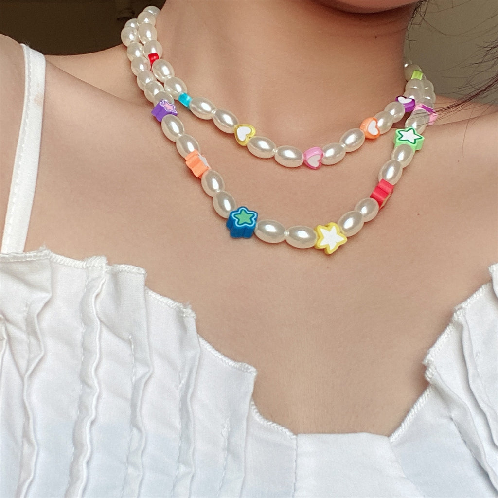 2021 Trendy Imitation Pearl Beaded Acrylic Colorful Star Heart Round Necklace for Women Girls Jewelry Accessories