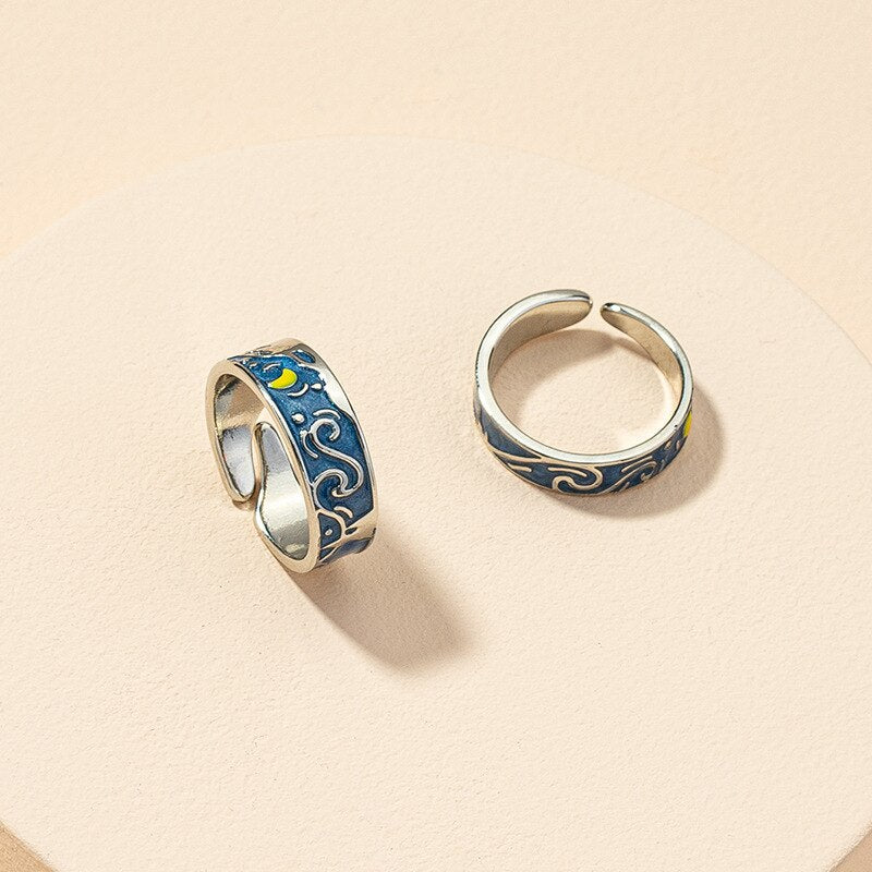 2021  Van Gogh Starry Sky Plated Open Lover Adjustable Rings Blue Starry Sky Rings For Women Men  Jewelry Wedding Gift