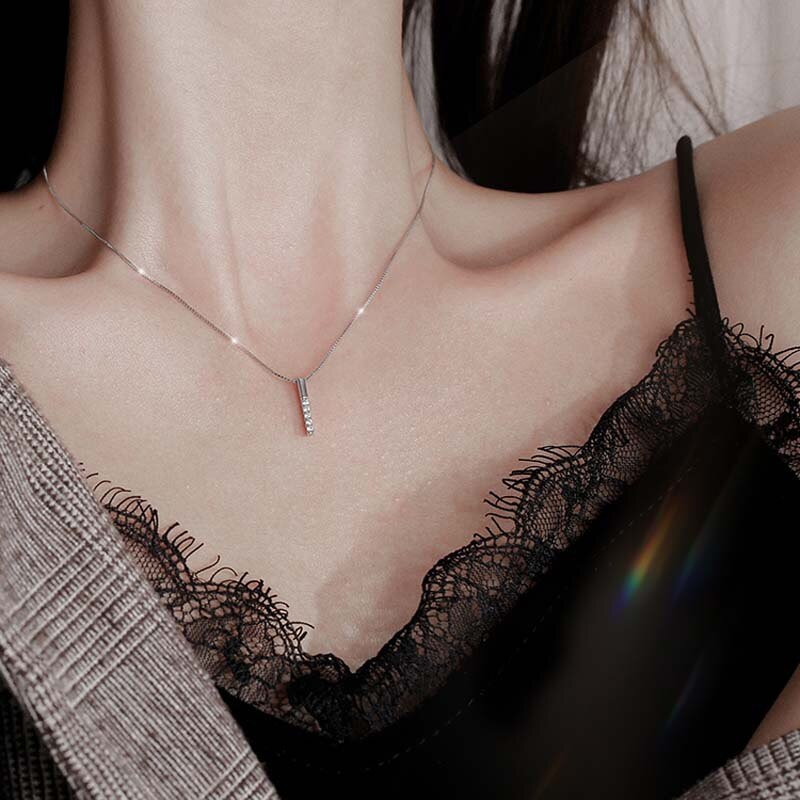 2021 Vertical Bar Inlay Zircon Pendant Necklace Women's Silver Plated Personality Simple Sweater Necklace Women's Jewelry