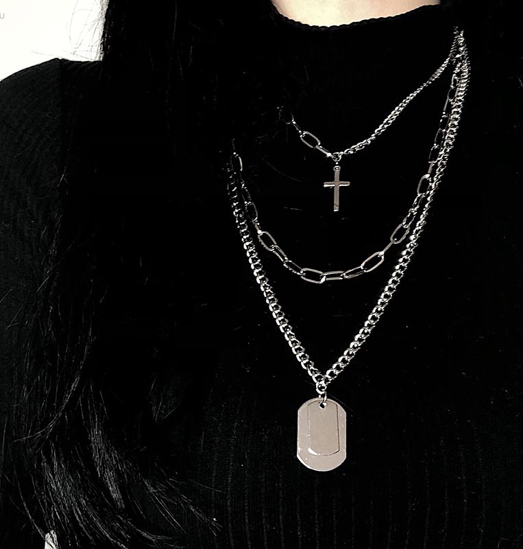2022 Personality Hip Hop Multilayer Necklace Metal Cross Pendant Silver Color Chain Necklace for Women Men Unisex Jewelry чокер