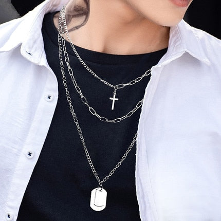 2022 Personality Hip Hop Multilayer Necklace Metal Cross Pendant Silver Color Chain Necklace for Women Men Unisex Jewelry чокер