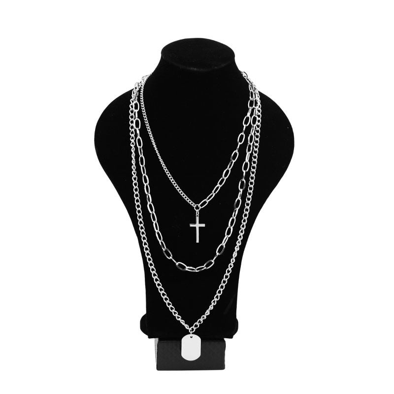 2022 Personality Hip Hop Multilayer Necklace Metal Cross Pendant Silver Color Chain Necklace for Women Men Unisex Jewelry чокер