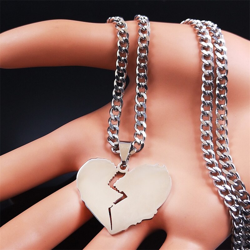 2022 Punk Broken Heart Stainless Steel Necklace Pendant for Women Silver Color Chain Necklaces Jewelry collier homme N4508S06