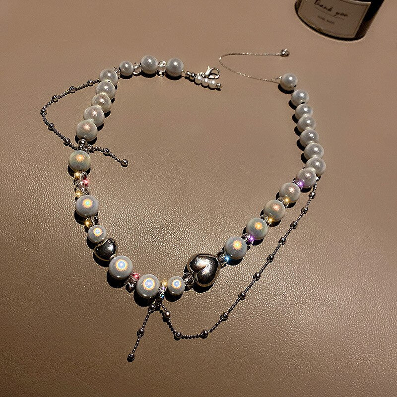 2021 Punk Imitation Pearl Love Heart Clavicle Chain Necklaces for Women Vintage Charm Necklace Y2K Jewelry 90s Gifts